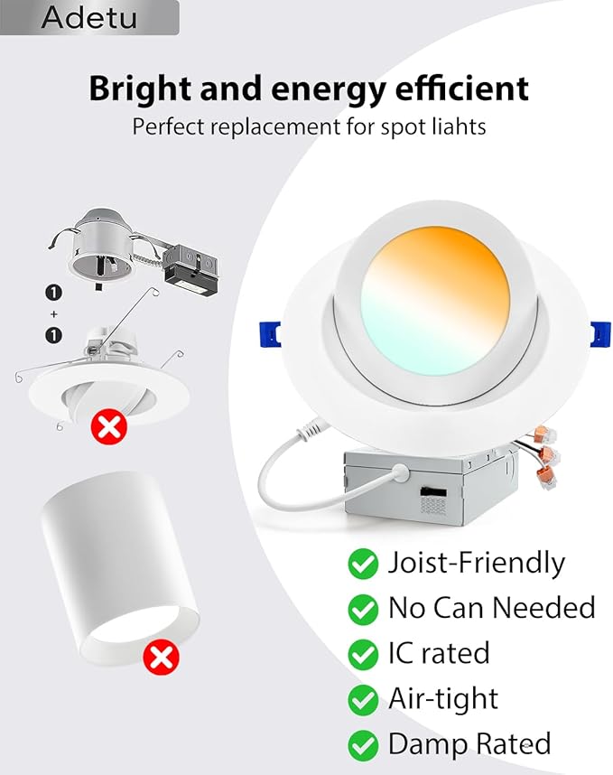 Adetu 6 Inch 5CCT Gimbal Led Recessed Lighting, 360°+90° Adjustable Directional Recessed Lighting 6 inch, 2700K-5000K Dimmable Retrofit Eyeball Can Recessed Lights with Jbox, ET (White, SMD, 6 Pack)