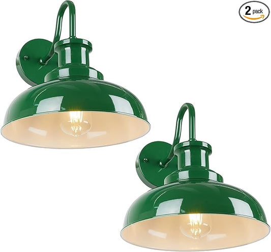 Outdoor Barn Lights - Rustic Farmhouse Exterior Mount Lights, Vintage Indoor/Outdoor Wall Lighting Fixtures, Industrial Green White Porch & Garage Lanterns - RZ007-2 GR+WH