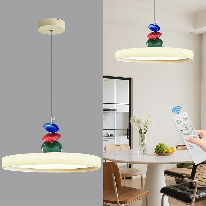 Mikeru Modern Pendant Lights, 23.6" Cream Yellow Pendant Lighting Fixture with Remote Control Dimmable 3 Color Mode & Brightness Mid Century Island Light Fixture for Dining Room,Kitchen,Living Room