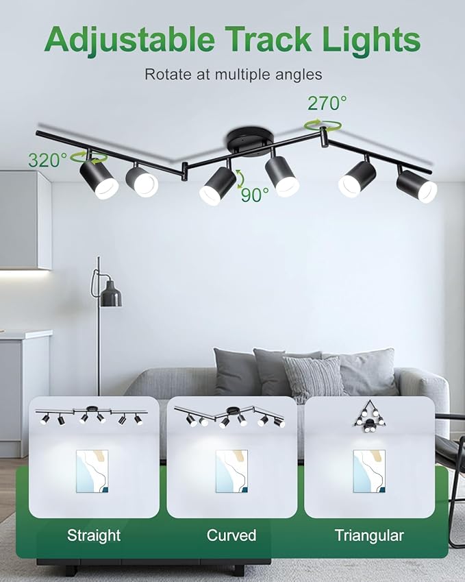6 Ways Track Lighting, Rotatable Heads Track Light Kit, Track Lighting Fixtures Ceiling with Acrylic Cover, Modern Black Ceiling Spotlight for Kitchen, Living Room, Hallway(Bulbs Not Included)
