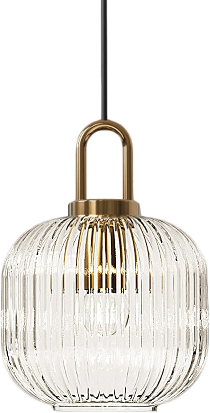 Industrial Vintage Pendant Lighting with Ribbed Glass Lamp Shade and Bronze Finish, Modern Retro Ceiling Light Hanging Lamp for Bedside Dining Table Kitchen Island (Transparent, 7.9")