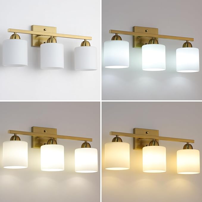 Mecgirn Stainless Steel Milk Glass Vanity Lights for Bathroom, 3 Light Gold Bathroom Light Fixtures Over Mirror, Ceramic E26 Sockets Wall Mounted