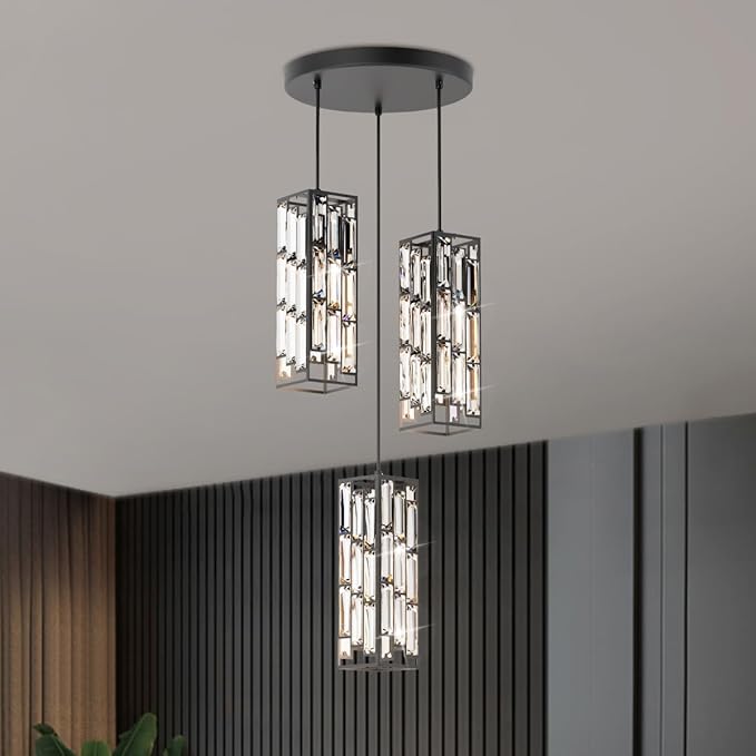 3-Light Black Pendant Lights Modern Pendant Light Fixture, Mini Crystal Pendant Ceiling Light, Pendant Light for Kitchen Island, Dinning Room, Bedroom, Kitchen Sink Lighting (3 Lights)