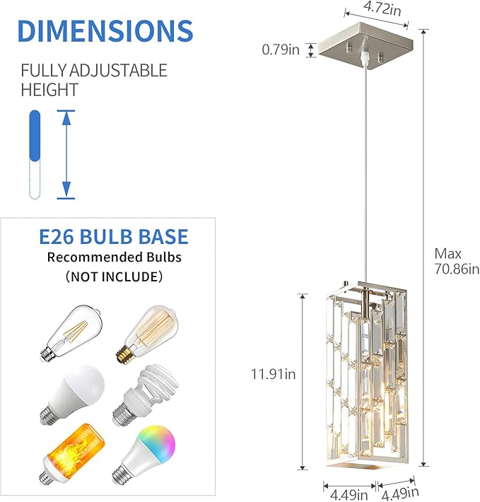 Brushed Nickel Pendant Lighting Modern Pendant Light, Mini Crystal Chandeliers, Adjustable Pendant Light Fixture for Kitchen Island Dinning Room Bedroom (3 Pack)