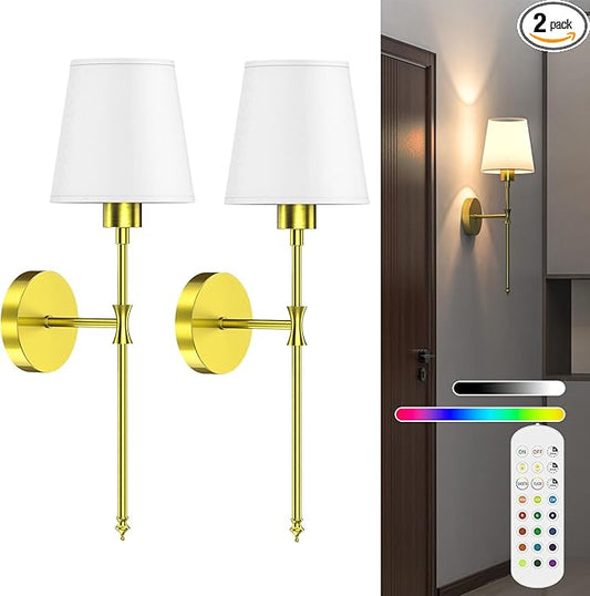 Battery Operated Wall Sconce Set of 2 Rechargeable Wireless Wall Sconces Wall Lamps with Dimmable and Remote, 12 Colors Wall Lights with RGB Bulb for Bedroom Living Room Hallway Decor(Golden)