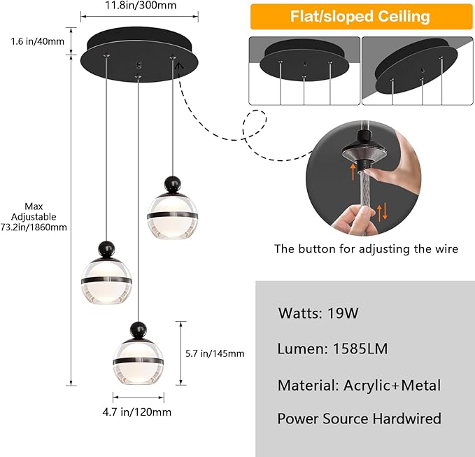 Black Pendant Lights 3-Light Globe Cluster Adjustable Hanging Ceiling Light Modern LED Dining Room Light Fixtures Over Table for Kitchen Island