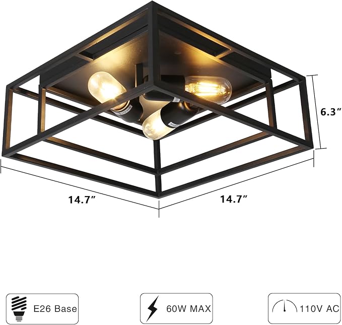 HuisMier Black Flush Mount Ceiling Light Fixture, 3-Lights Industrial Metal Close to Ceiling Lights, Farmhouse Kitchen Light Fixtures for Dining Room Bedroom Entryway Hallway