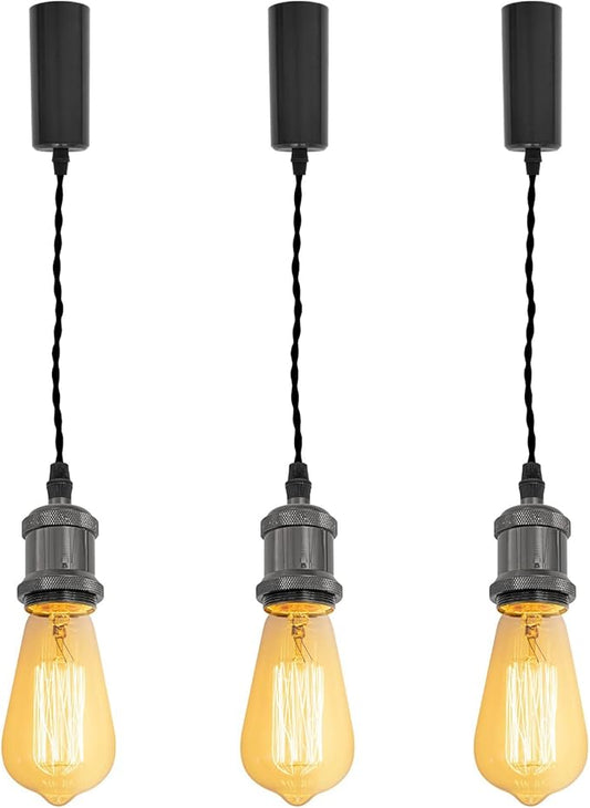 Kiven H-Type Track LightPendants, 59 Inch Cord Length Black Weave Rope Adjustable Length, Restaurant Chandelier DecorativePendant Light IndustrialPendant Lamp 3 Pack,Bulb Not Included（Black）