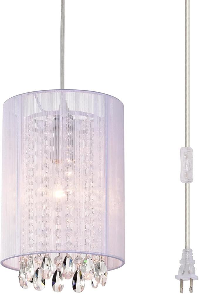 LaLuLa Plug in Hanging Light,White Cotton Plug in Chandelier,Crystals Hanging lamp Plug in,1-Light Hanging Lights with Plug in Cord for Bedrooms,Girls Room,Vanity,Playhouse,Closet,Bathroom
