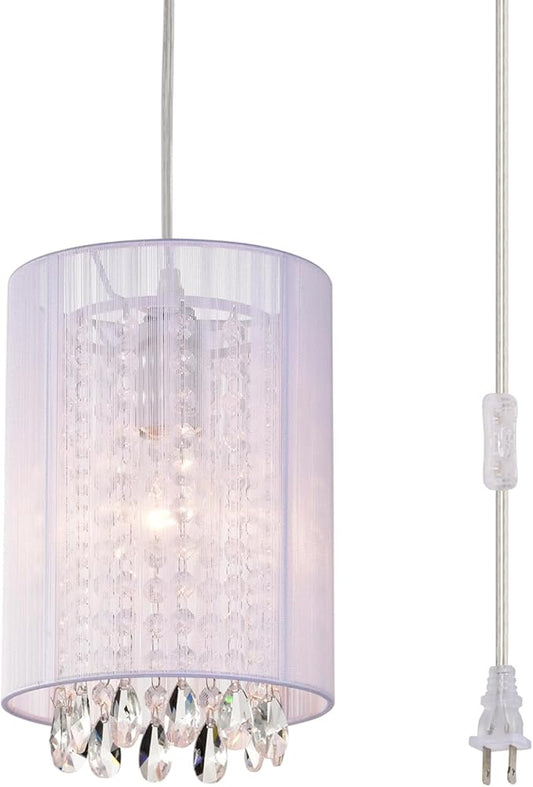 LaLuLa Plug in Hanging Light,White Cotton Plug in Chandelier,Crystals Hanging lamp Plug in,1-Light Hanging Lights with Plug in Cord for Bedrooms,Girls Room,Vanity,Playhouse,Closet,Bathroom