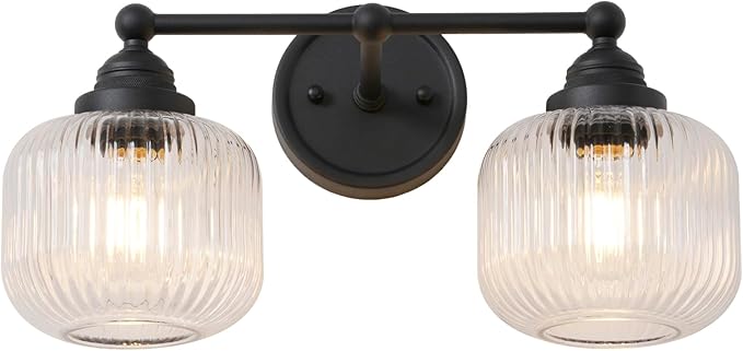 Vintage 2-Lights Clear Ribbed Glass Wall Sconce Lighting Black Finished, Double Head Bathroom Vanity Light Fixture for Bedroom Living Room Dining Room Hallway