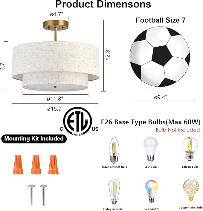 Flush Mount Ceiling Lights 16 Inch Fabric Semi Light Fixtures 3-Light Modern Drum Ceiling Light for Dining Room Kitchen Bedroom Foyer Hallway Entryway