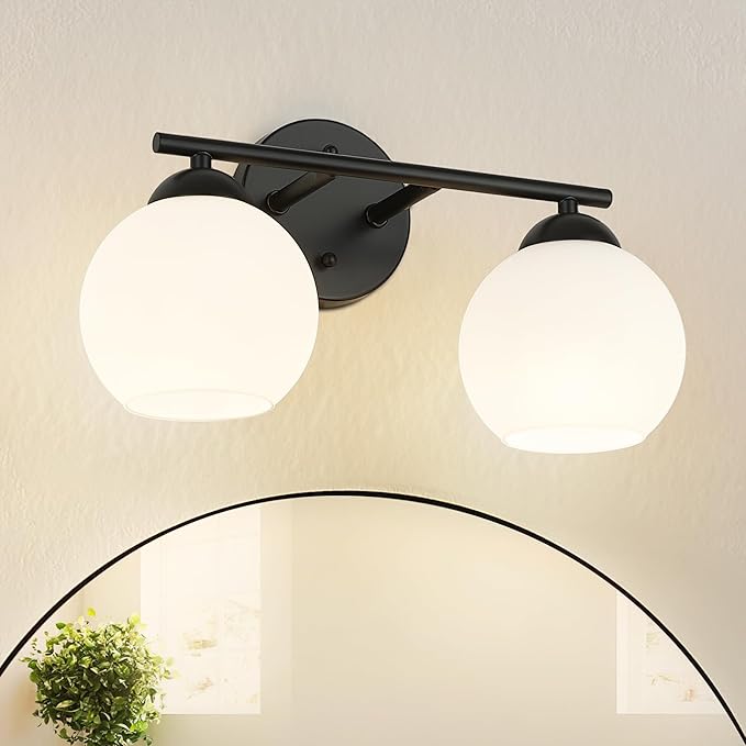 Emak Black Vanity Lights for Mirror, Modern Farmhouse 2-Light Bathroom Light Fixtures Globe Bathroom Vanity Light with Milk Glass Shade, VL114-BK-ML-2