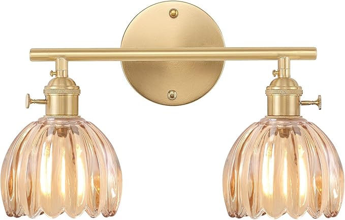 Shenmoyl Bathroom Light Fixtures, 2-Light Brass Vanity wall Light Over Mirror with Amber Tulip Glass Shade for Bedroom Living Room (Bulb Not Included)