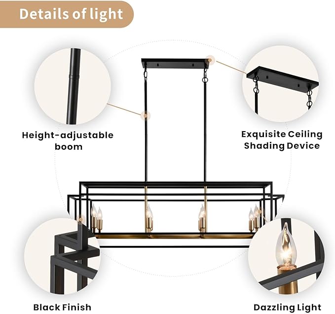8-Light Kitchen Island Lighting, Black and Gold Rectangle Chandeliers for Dining Room, Metal Farmhouse Dining Room Light Fixtures Over Table, Linear Chandelier with Brushed Brass Socket