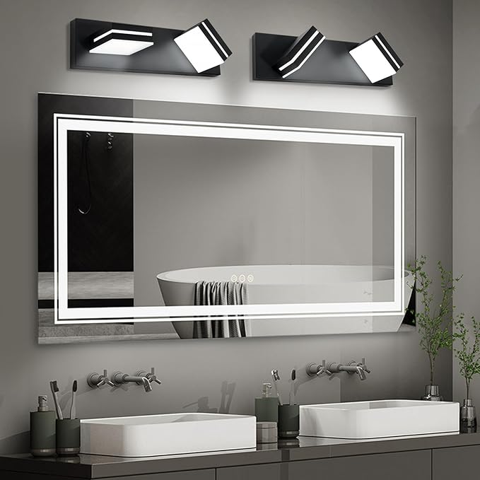 OKELI 2 Light Bathroom Vanity Light Matte Black Modern 16W LED Dimmable Vanity Light Over Mirror 350° Adjustable Lamp Head Cold White 6000K ETL Listed 15.5Inch