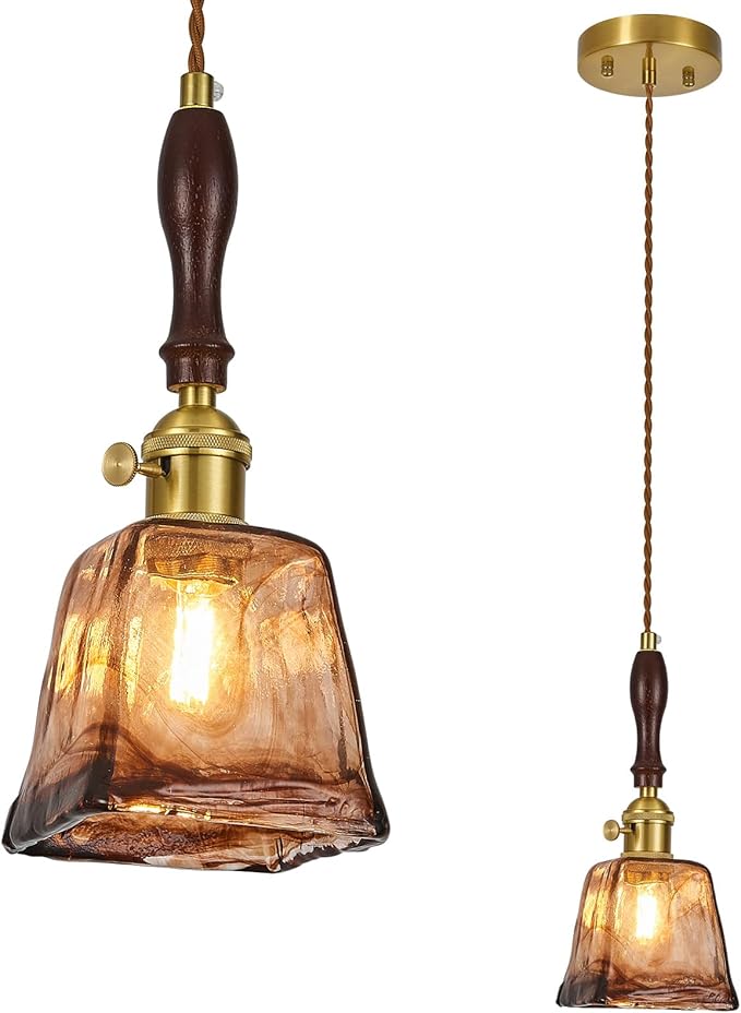 Amber Glass Vintage Pendant Light Height Adjustable Handmade Glass Pendant Lights Kitchen Island Gold Hanging Light Fixture with Wood Handle for Bedroom Dining Room Hotel (1 Pack)