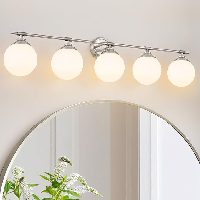 Rayogale Sand Nickel Bathroom Light Fixtures, ETL 5 Lights Vanity Lights Over Mirror with Milk Glass Soft Lighting 41 Inch Bathroom Sconces(Exclude E26 Bulb)