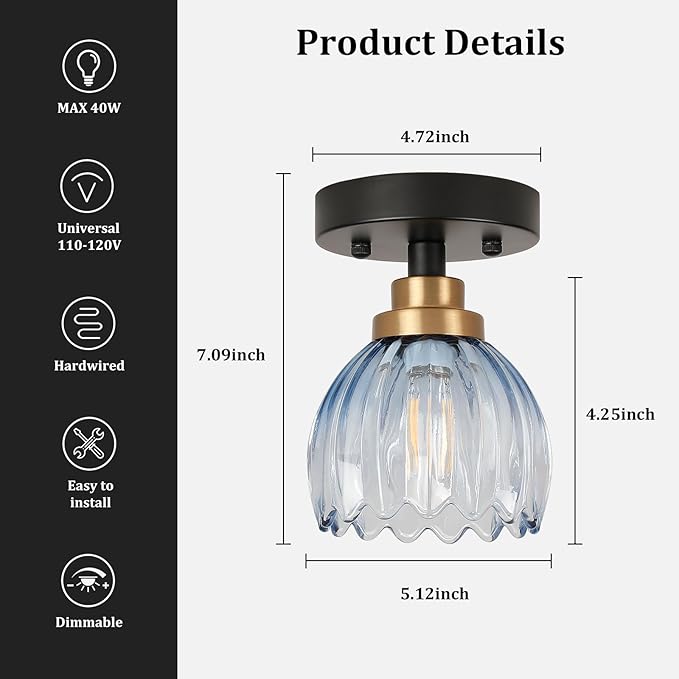 TALOYA Semi Flush Mount Ceiling Light,2 Pack Close to Ceiling Light Fixtures with Blue Tulip Glass Shades Modern Farmhouse Lighting Fixtures for Hallway Corridor Kitchen Bathroom Bedroom Passway