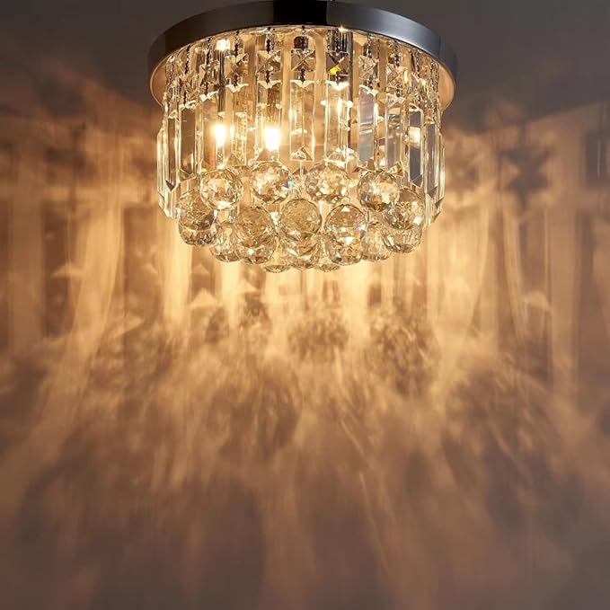 AGV LIGHTING 16061 K9 Crystal Flush Mount Ceiling Light Fixture, Close to Ceiling, Modern Design, 3-Lights, Perfect for Foyer, Living Room, D12 x H10, Chrome Finish