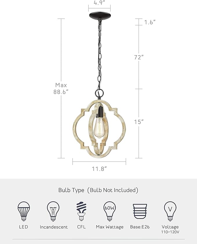 2Pack Wood Pendant Lights Kitchen Island, Farmhouse Pendant Lighting Fixtures, Adjustable Height Hanging Pendant Lights for Foyer, Dining Room, Entryway