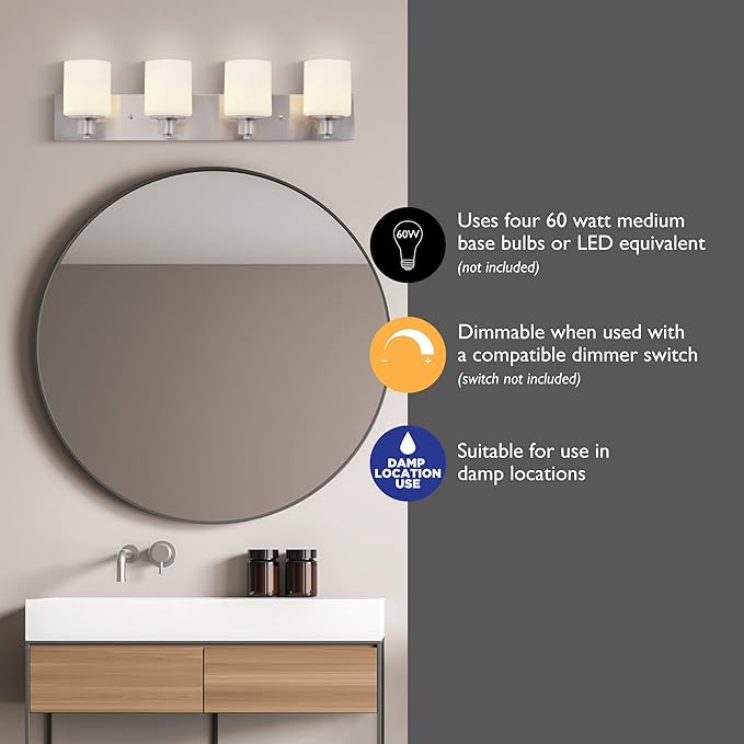 Design House 578849 Dane Traditional 4-Light Indoor Bathroom Vanity Light Dimmable Frosted Glass for Over The Mirror, Satin Nickel