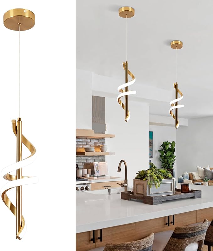 Spiral Led Pendant Light Fixtures, 5500K Gold Modern Led Pendant Light Kitchen Island, Adjustable Height Kitchen Island Lights Fixtures for Dining Room Bedroom Sink