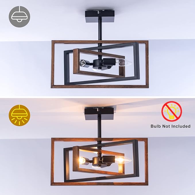 Industrial Rectangle Flush Mount Ceiling Light,Rotatable Metal Frame,Rustic Retro Vintage Farmhouse Light Fixture for Dining Living Room Bedroom Passway Kitchen Hallway Entryway,Faux-Wood Color Finish