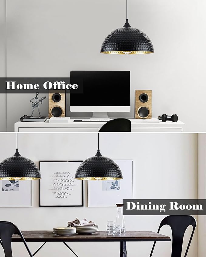 Hammered Pendant Lights Kitchen Island 2 Pack, 12 Inch Black Dome Pendant Light, Industrial Hammered Pendant Light, Island Pendant Lights for Kitchen, Dining Room, Cafe