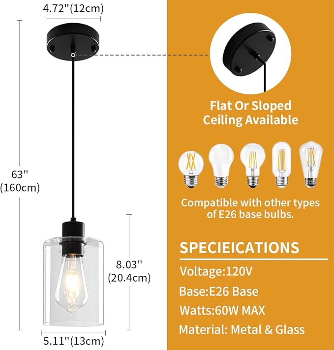2 Pack Black Pendant Lights Kitchen Island, Modern Glass Pendant Lighting Over Island Kitchen Hanging Bathroom Ceiling Light Fixtures Adjustable Pendant Lights for Dining Room Hallway Bedroom