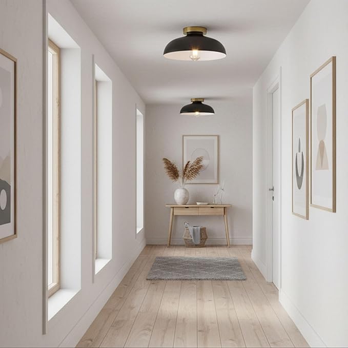Modern Semi Flush Mount Ceiling Light,Industrial Black and Gold Ceiling Fixtures,E26 Ceramic Lamp Head Light Fixture for Kitchen Entryway Hallway Laundry Room Bedroom Foyer(11.8 Inch)