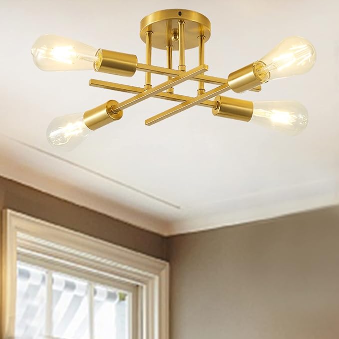 Modern Semi Flush Mount Ceiling Light Fixture, 4-Lights Farmhouse Light Fixtures Ceiling Mount Golden, Indoor Close to Ceiling Lights for Living Room Bedroom Kitchen Hallway, Bulb Not Included