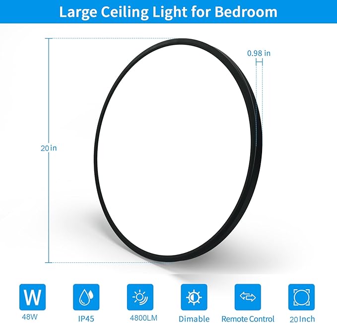 20 Inch LED Flush Mount Ceiling Light Fixture - 48W Dimmable Ceiling Light with Remote, 4800lm, 3000/4500/6000K Adjustable LED Kitchen Ceiling Lamp for Bedroom, Black