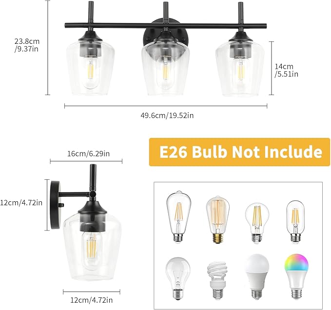 Bathroom Vanity Light Fixtures, 3-Lights Over Mirror Modern Vanity Lighting with Clear Wine Glass Shade Wall Lamp for Bedroom Hallway Living Room(Black, 3-Light)