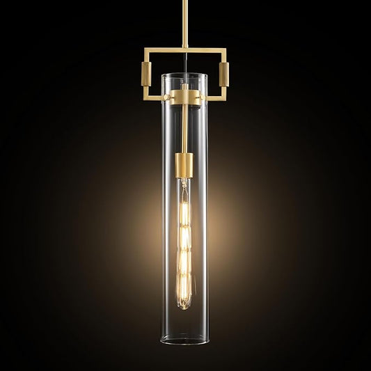 Modern Gold Glass Pendant Light: Knurled Brass Pendant Lights Kitchen Island - Contemporary Hanging Light Fixtures with Cylinder Long Tube - Dimmable Pendants Lighting Fixture over Table for Bedroom