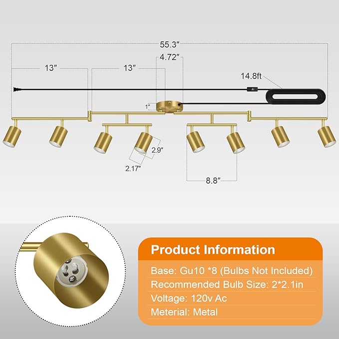 Track Lighting Plug in, LED Track Lighting Fixtures Ceiling Kit, Gold 8-Light Ceiling Light Plug-in, Wall Light with 15ft Power Cord, Rotatable Kitchen Spotlight for Bedroom(GU10 Socket, NO Bulb)