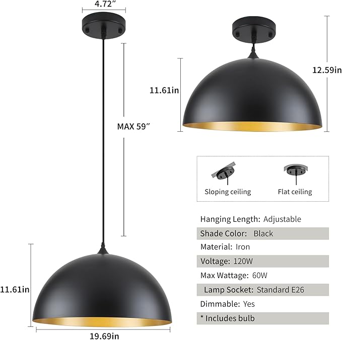 Black Large Pendant Light 2 Packs,19.7inches, Kitchen Pendant Lighting, Oversized Modern Pendant Lights, Farmhouse Pendant Lighting, Pendant Light for Bedroom, Kitchen Island