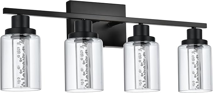 MELUCEE 4-Light LED Bathroom Lighting Fixtures Over Mirror, Dimmable LED Vanity Light for Bathroom 3000K-6000K Black Bath Wall Lights with Crystal Bubble Clear Glass Shade, Built-in LED Chips