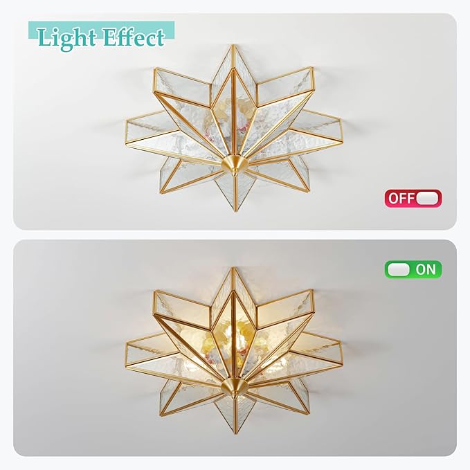 Brass Flush Mount Ceiling Light with Ceramic Light Socket, Star Shaped Ceiling Light Fixture, Mid Century Glass Ceiling Mount Lamp for Entryway, Foyer, Bedroom (Rippled Glass, 19.7")