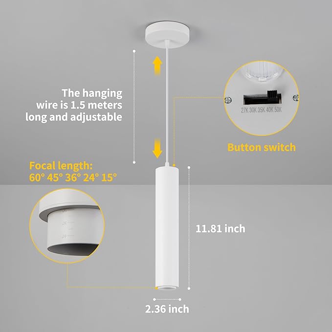 Zoomable LED Pendant Lights Modern Ceiling Hanging Spotlight Pendant Lighting,5CCT/2700K-5000K,Zoomable 15°-60°,Unique Pendant Lighting for Kitchen Island Bar,12W (White)