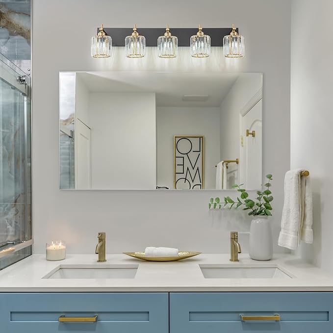 Modern Crystal Bathroom Vanity Lights, Black Gold 5-Lights Bathroom Light Fixtures Over Mirror, Crystal Wall Lighting with Polished Gold Finish(Exclude Bulb)
