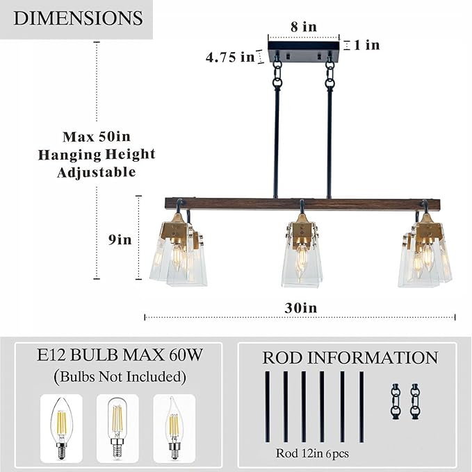 30-inch Farmhouse Chandelier, 6-Light Pendant Light Fixture with Clear Glass Shade & E12 Base, Adjustable Hanging Ceiling Light for Dining Room Kitchen Island Living Room Bar