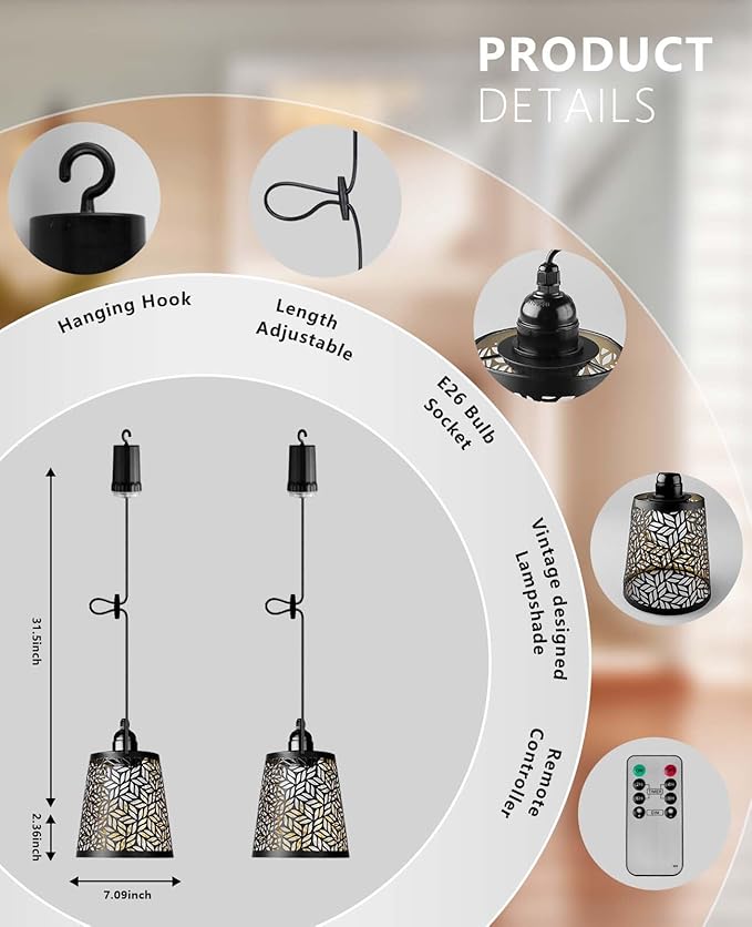 Battery Operated Chandelier with Remote, IP44 Waterproof Outdoor Pendant Light, No Wiring Needed Gazebo Lights for Porch, Patio, Balcony, Pergola, Shed, Home Decor (Petal Pattern)