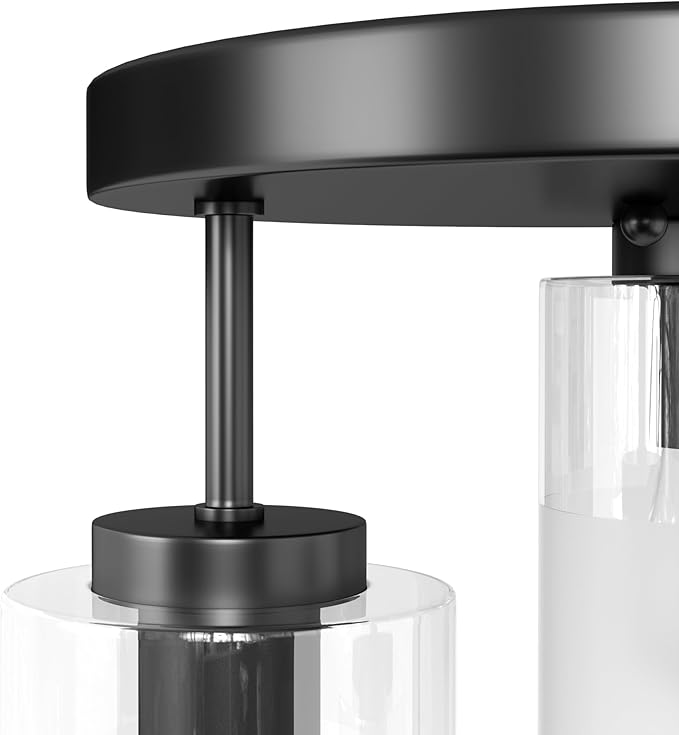 Maxax 3-Lights Black Semi Flush Mount Ceiling Light Fixture, 11.5" Modern Farmhouse Light Fixture with Clear Frosted Glass, E26 Base, for Kitchen, Foyer, Hallway, Entryway, Bedroom, Stairs