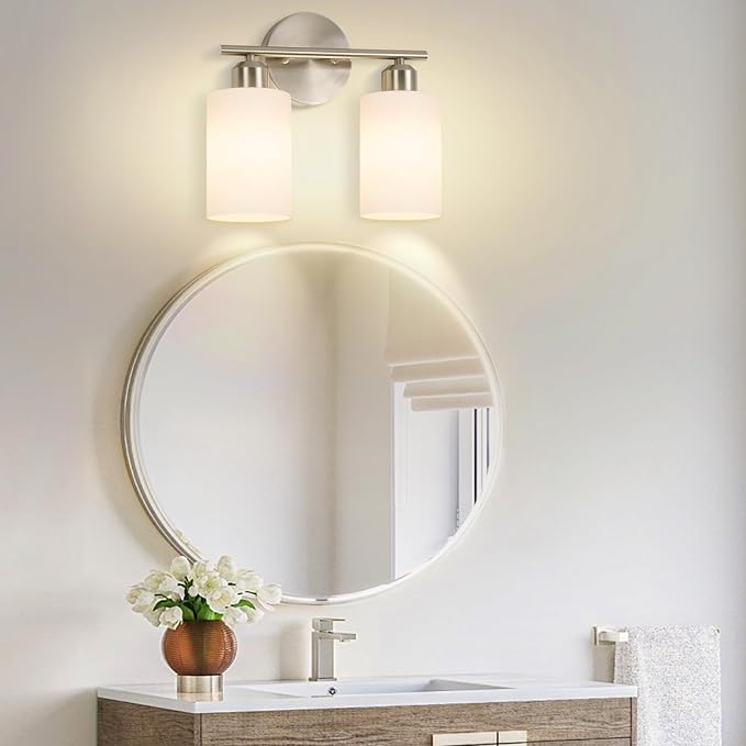 Brushed Nickel Wall Sconces Set of Two, 2-Light Modern Bathroom Light Fixtures, Wall Lamp with Milky White Frosted Glass Shades for Bathroom, Mirror, Bedroom, E26.