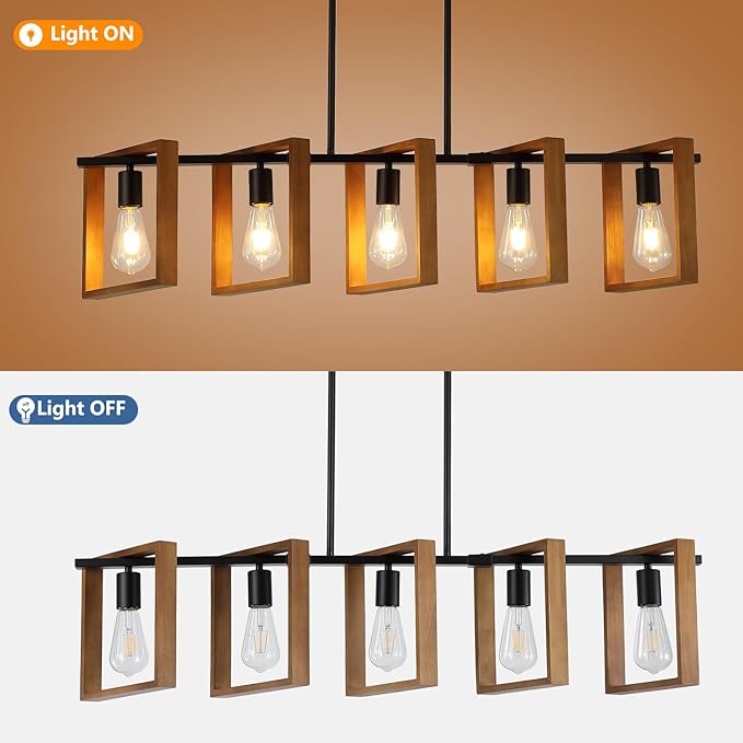 9MMML 41.5" Kitchen Island Lighting,5 Lights Dining Room Light Fixtures, Rustic Farmhouse Height Adjustable Wood Chandeliers for Kitchen, Pool Table Lights, Black Body+Wood Frame,E26.