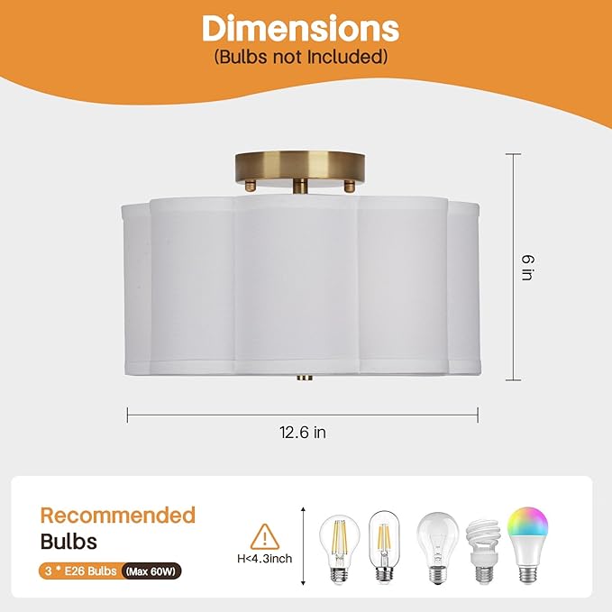 Modern Flush Mount Ceiling Light,3-Light Nursery Light Fixture with Petal-Type White Fabric Shade,12.6 Farmhouse Drum Ceiling Light Fixture for Bedroom Living Room Kitchen Hallway