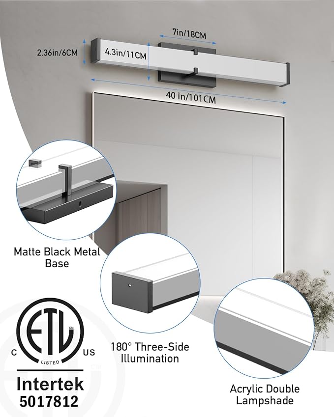 Modern LED Light Fixtures 40 Inch, 40W 3600 Lumen Dimmable Vanity Light, 5CCT Lights for Bathroom, Black, ETL Certified