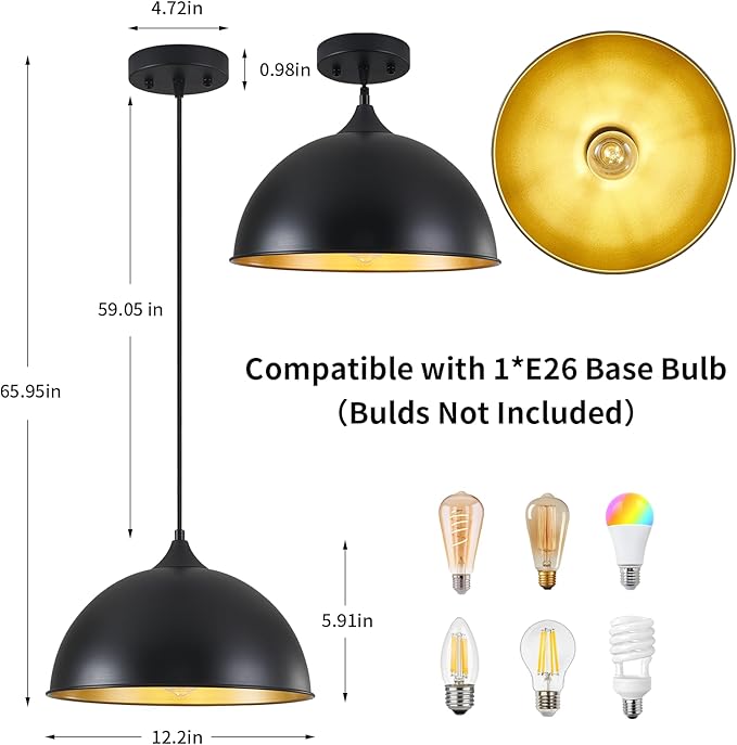 Pendant Lights Kitchen Island, 12" Black and Gold Dome Pendant Light Vintage Industrial Hanging Light Fixtures for Farmhouse Dining Room Restaurant Cafe Entryway