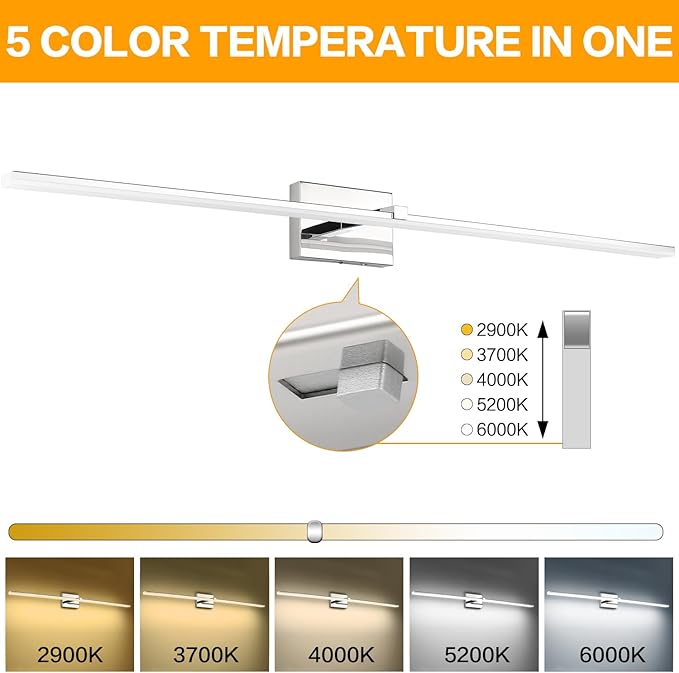 ZUZITO Modern Bathroom Vanity Light 48 inch 32W Dimmable 5CCT LED Bathroom Light Fixture Over Mirror Chrome Vanity Lights Bar for Bath